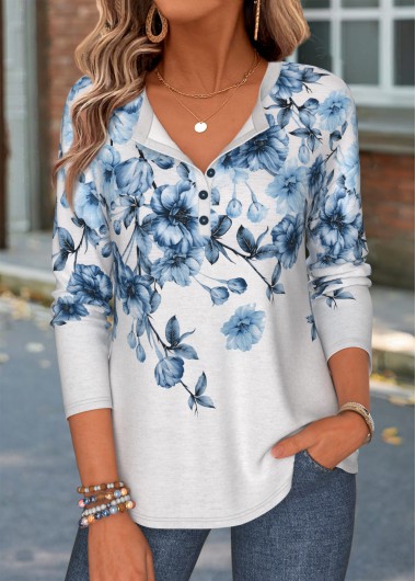 women clothes image of Blue Floral Print Tummy Coverage Long Sleeve T Shirt
