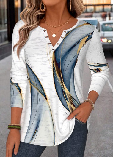 women clothes image of White Geometric Print Curved Hem Long Sleeve T Shirt