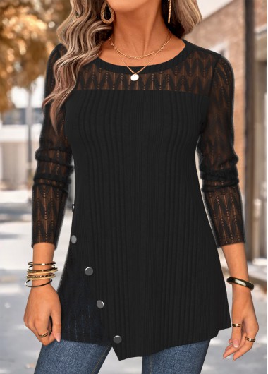 women clothes image of Black Patchwork Long Sleeve Round Neck T Shirt