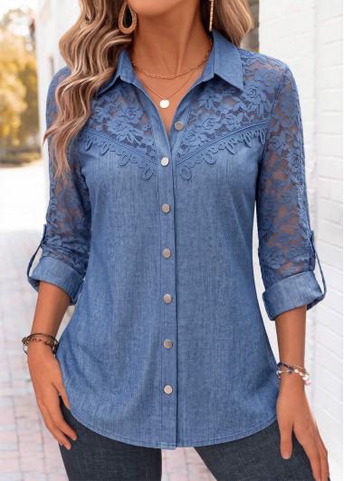 women clothes image of Denim Blue Patchwork Long Sleeve Shirt