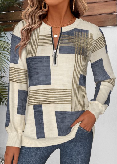 women clothes image of Multi Color Geometric Print Tummy Coverage Long Sleeve Sweatshirt