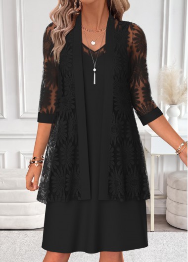women clothes image of Black Two-piece Long Sleeve V Neck Dress and Cardigan