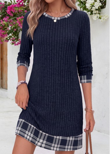 women clothes image of Navy Plaid Short Patchwork Long Sleeve Round Neck Dress