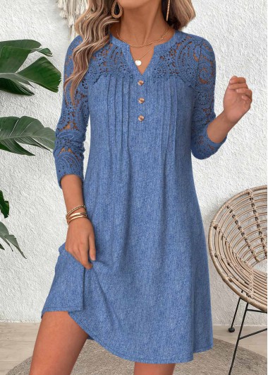 women clothes image of Denim Blue Short Patchwork Long Sleeve Split Neck Dress