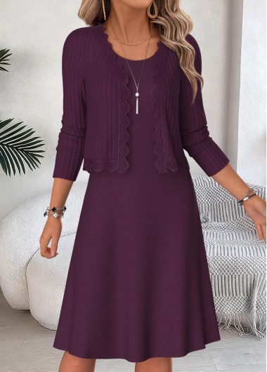 women clothes image of Purple Two-piece Long Sleeve Round Neck Dress and Cardigan