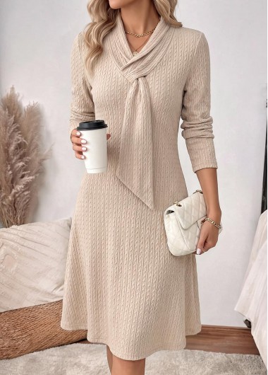 women clothes image of Beige Asymmetry Long Sleeve Asymmetrical Neck Dress