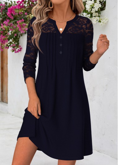 women clothes image of Navy Short Tuck Stitch A Line Long Sleeve Dress