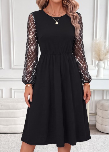 women clothes image of Black Patchwork Long Sleeve Round Neck Dress