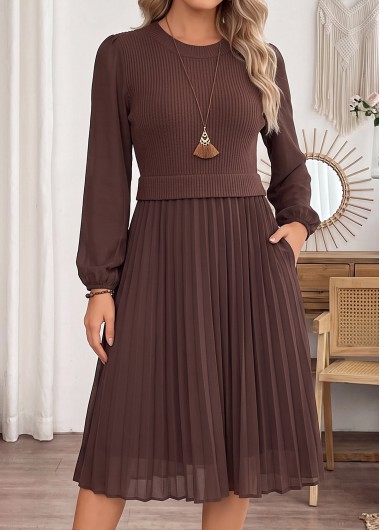 women clothes image of Dark Coffee Patchwork Long Sleeve Round Neck Dress