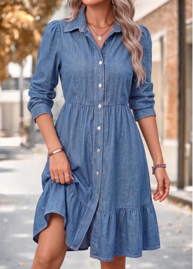 women clothes image of Denim Blue Patchwork Long Sleeve Shirt Collar Dress