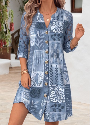 women clothes image of Denim Blue Leaf Print Short Patchwork Long Sleeve Dress