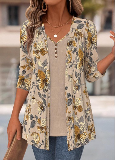 women clothes image of Light Camel Floral Print Fake Two Piece Twinset