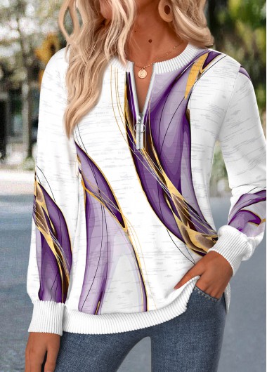 women clothes image of Purple Geometric Print Zipper Long Sleeve Round Neck Sweatshirt