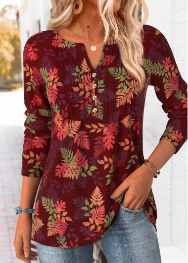 women clothes image of Red Tummy Coverage Leaf Print T Shirt