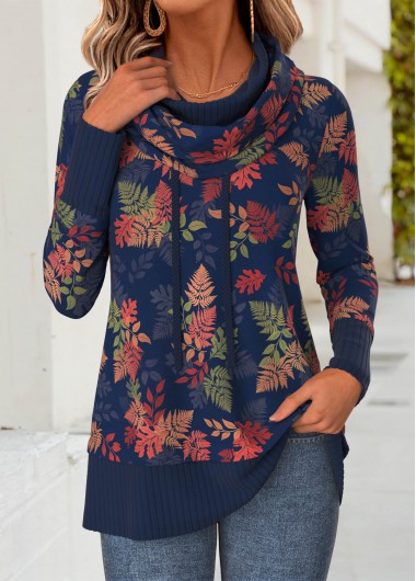 women clothes image of Navy Leaf Print Two-piece Long Sleeve Cowl Neck Sweatshirt