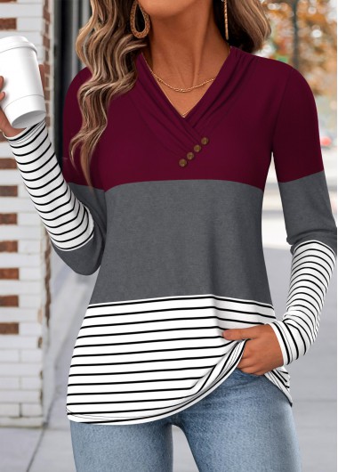 women clothes image of Wine Red Geometric Print Shirred Long Sleeve T Shirt