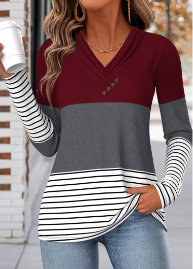 women clothes image of Wine Red Geometric Print Shirred Long Sleeve T Shirt
