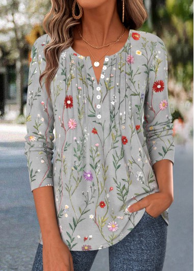 women clothes image of Grey Floral Print Tuck Stitch Long Sleeve T Shirt