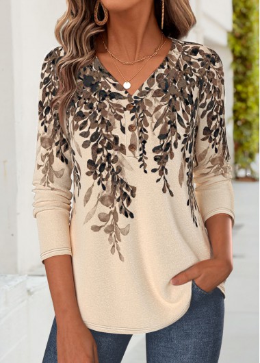 women clothes image of Light Coffee Floral Print Curved Hem T Shirt