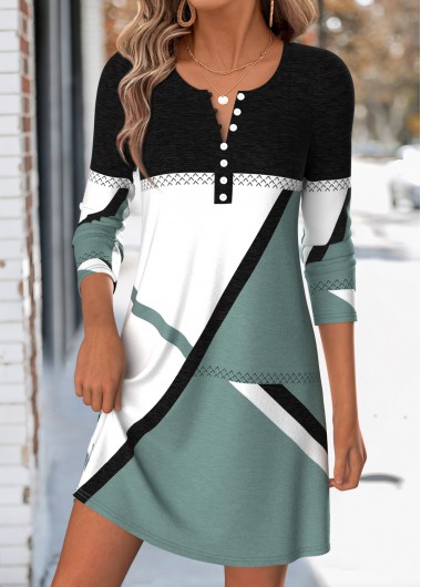 women clothes image of Sage Green Geometric Print Short Tummy Coverage Dress