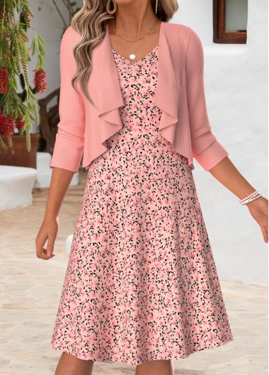 women clothes image of Pink Ditsy Floral Print Two-piece Dress and Cardigan