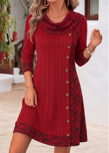 women clothes image of Red Leaf Print Tummy Coverage Long Sleeve Dress