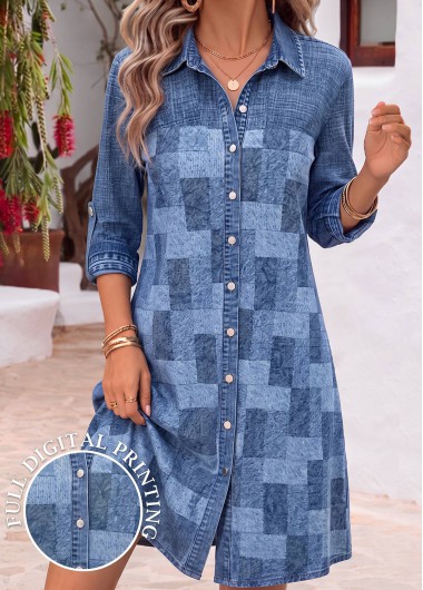 women clothes image of Denim Blue Geometric Print Long Sleeve Shirt Collar Dress