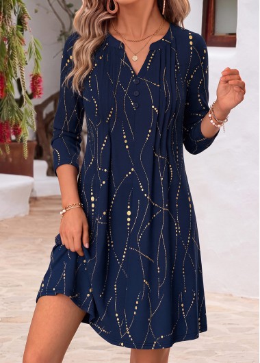women clothes image of Blue Geometric Print Short Tuck Stitch Long Sleeve Dress