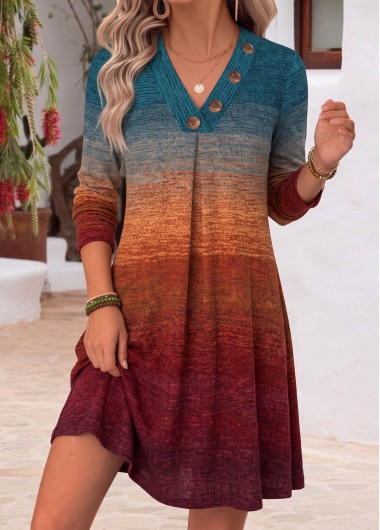 women clothes image of Multi Color Ombre Short Tummy Coverage Long Sleeve Dress