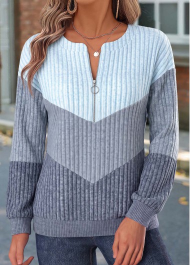 women clothes image of Dusty Blue Zipper Long Sleeve Sweatshirt