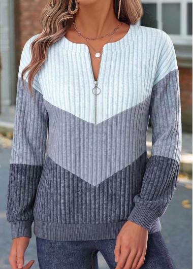 women clothes image of Dusty Blue Zipper Long Sleeve Sweatshirt