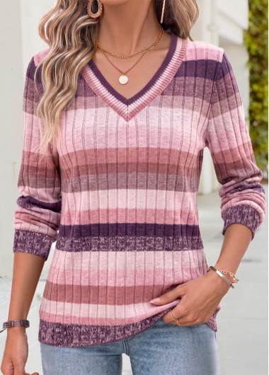 women clothes image of Pink Striped Curved Hem Long Sleeve T Shirt