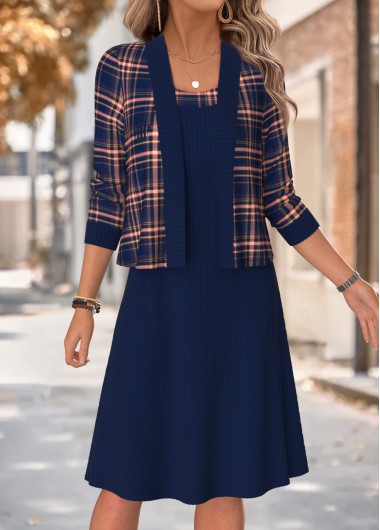women clothes image of Navy Plaid Tummy Coverage Long Sleeve Dress and Cardigan