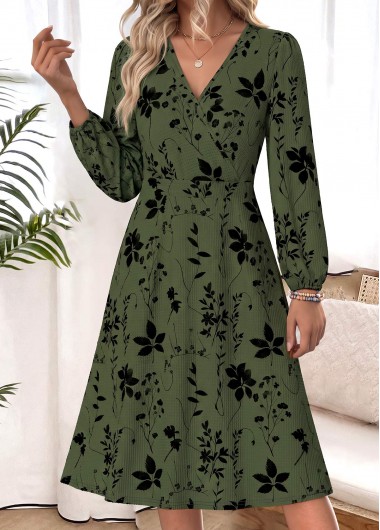 women clothes image of Sage Green Leaf Print Tummy Coverage Long Sleeve Dress