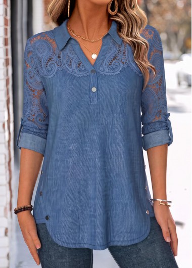 women clothes image of Denim Blue Button Long Sleeve Shirt Collar Blouse