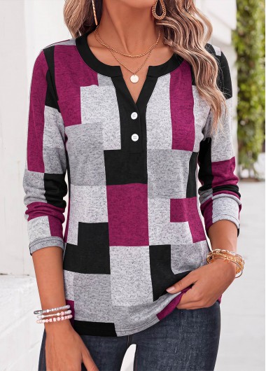 women clothes image of Purple Geometric Print Button Long Sleeve T Shirt