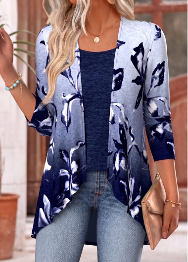 women clothes image of Navy Floral Print Short Sleeve Fake Two Piece Twinset