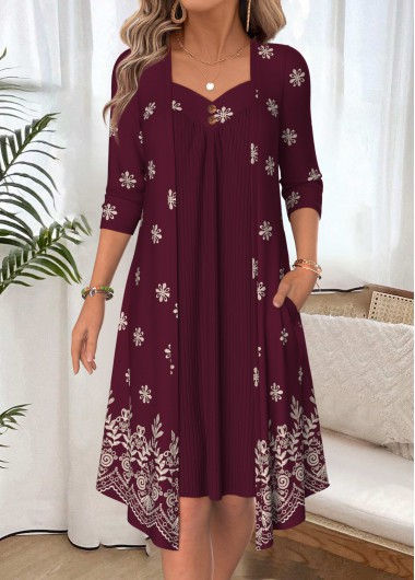 women clothes image of Wine Red Tribal Print Fake 2in1 Long Sleeve Dress