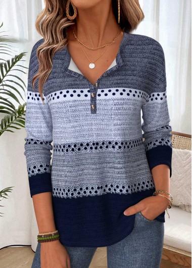 women clothes image of Navy Striped Button Long Sleeve Round Neck T Shirt