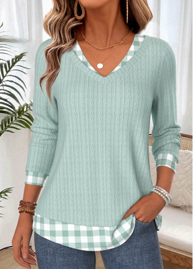 women clothes image of Green Plaid Fake 2in1 Long Sleeve T Shirt