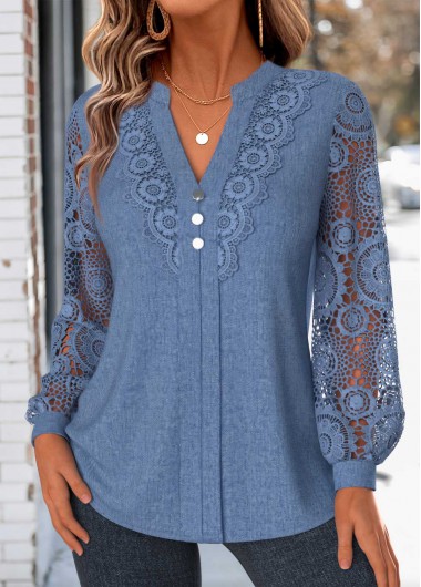 women clothes image of Denim Blue Tummy Coverage Long Sleeve Split Neck Blouse