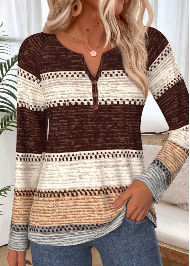 women clothes image of Multi Color Striped Button Long Sleeve T Shirt