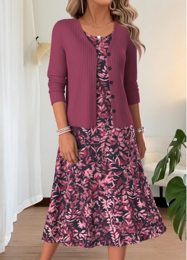 women clothes image of Purple Leaf Print Two-piece Long Sleeve Dress and Cardigan