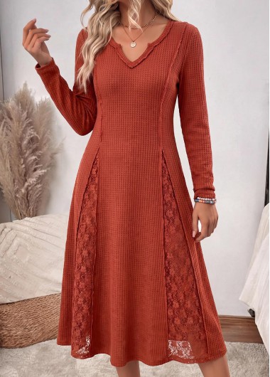 women clothes image of Orange Patchwork Long Sleeve Split Neck Dress