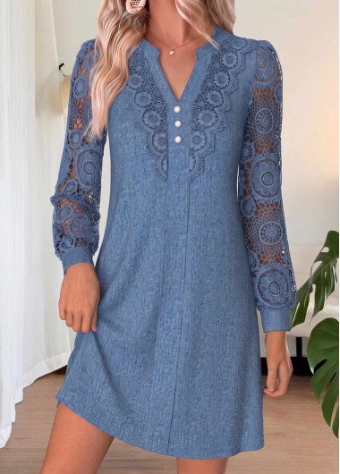 women clothes image of Denim Blue Short Patchwork Long Sleeve Split Neck Dress