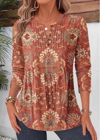 women clothes image of Brick Red Tribal Print Curved Hem Long Sleeve Blouse
