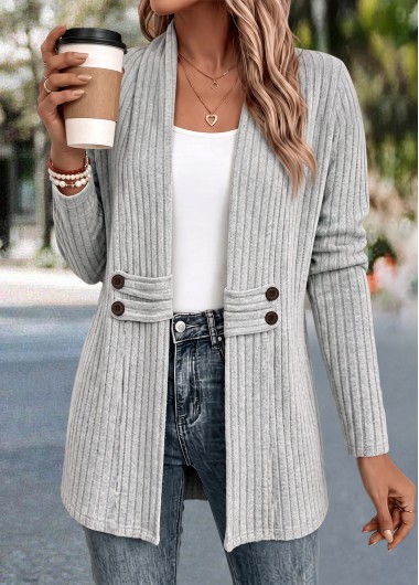 women clothes image of Light Grey Button Long Sleeve Coat
