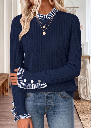 women clothes image of Navy Striped Curved Hem Long Sleeve Round Neck Sweatshirt