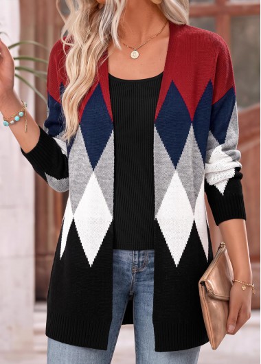 women clothes image of Black Geometric Print Long Sleeve Coat