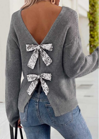 women clothes image of Grey Bowknot Long Sleeve Round Neck Sweater